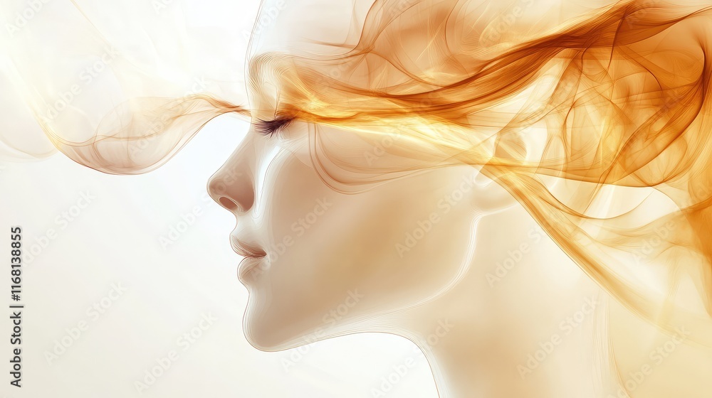 Poster a soft and glowing abstract face silhouette, formed with smooth light curves, symbolizing calmness, 