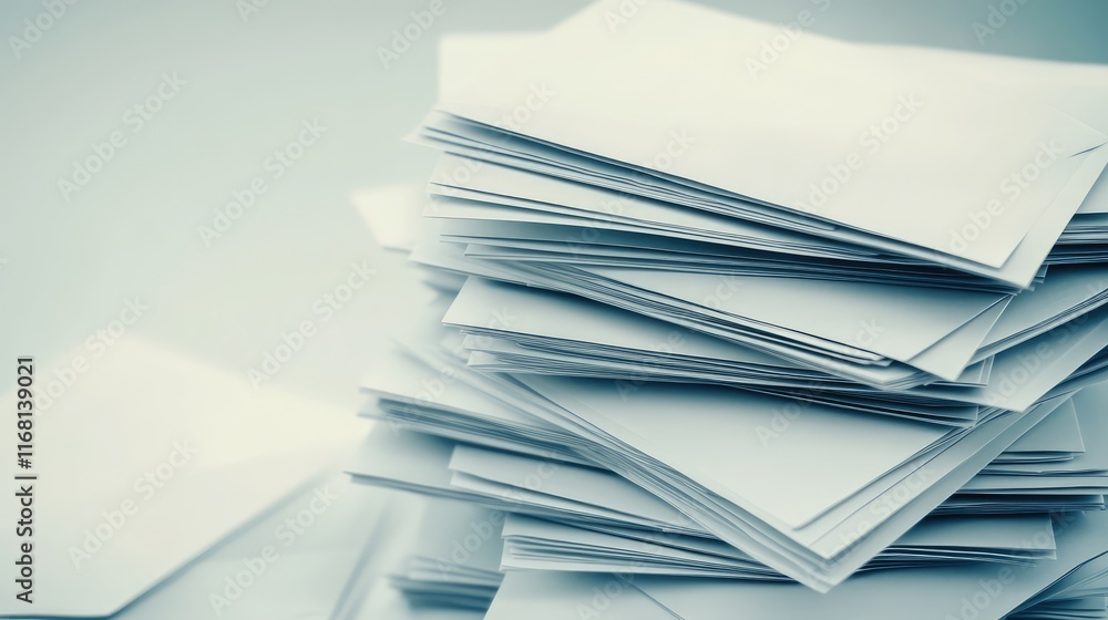 Poster a stack of blank white envelopes with clean lines and minimalist design on a soft pastel background,