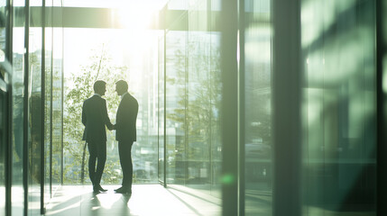 Fototapeta premium Silhouette photo of businessmen shaking hands with each other in an office