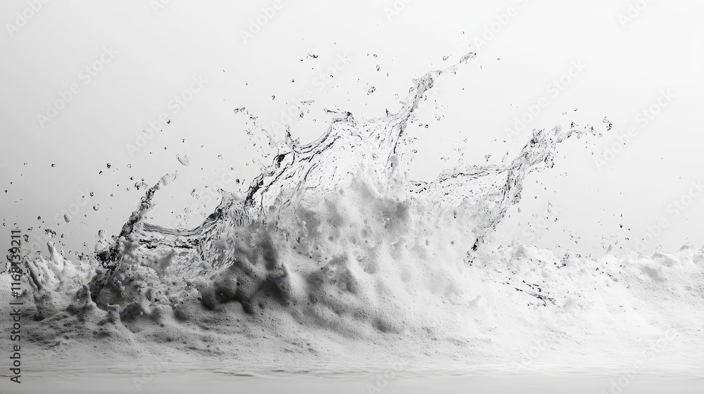 Poster a wave-like splash of water captured in motion, creating fluid shapes on a clean white gradient back
