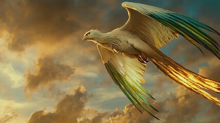 Majestic mythical bird in flight, sunset clouds.