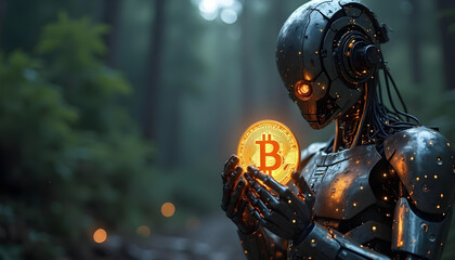 Fototapeta premium Illustration of a cyborg robot with bitcoins