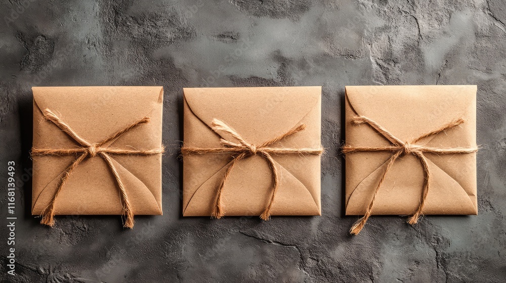 Poster blank envelopes with natural twine decor placed on a textured background, creating a warm and minima