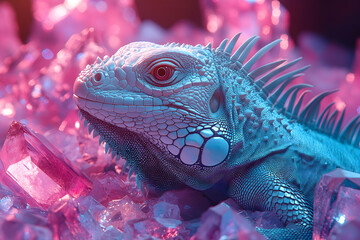 Fototapeta premium Iguana Among Pink Crystals: A Surreal Digital Art