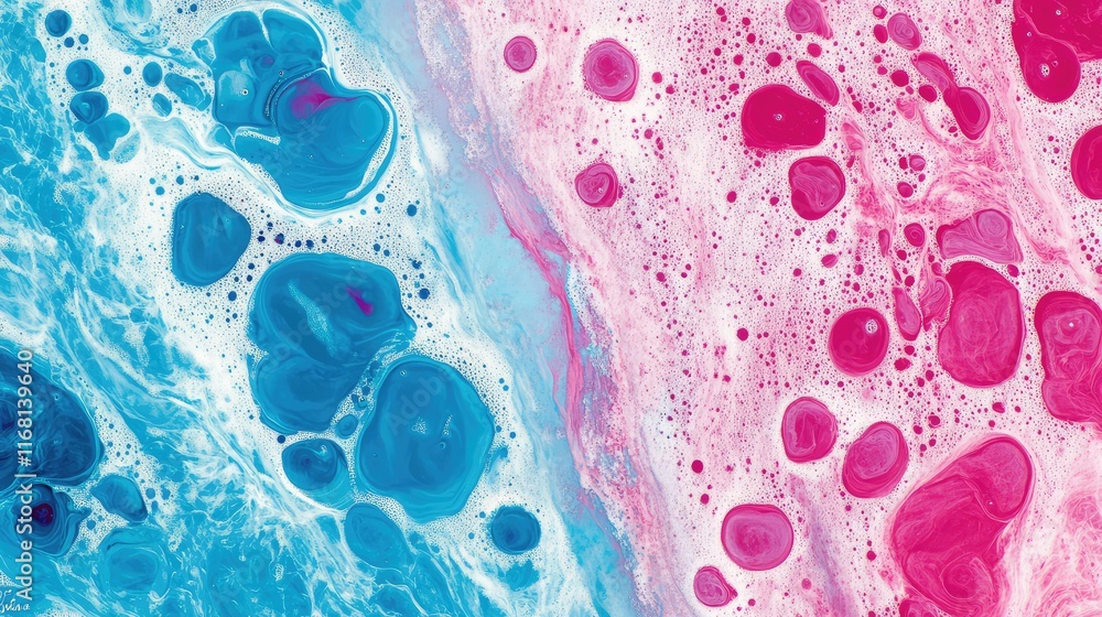 Poster bright cyan and magenta ink clouds blending together in water, forming vivid abstract patterns on a 