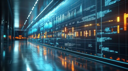 Futuristic corridor with digital data on transparent screens