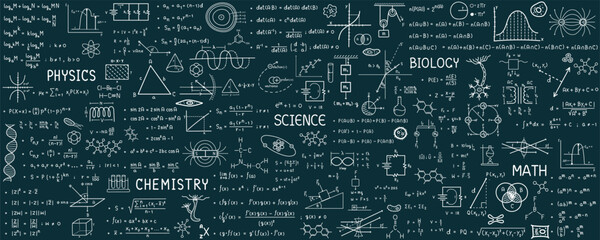Science line hand drawn symbols. Geometric icons and formulas of important science technology theories. Vector illustration for background.