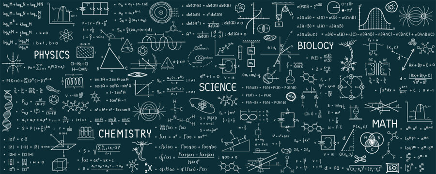 Science line hand drawn symbols. Geometric icons and formulas of important science technology theories. Vector illustration for background.