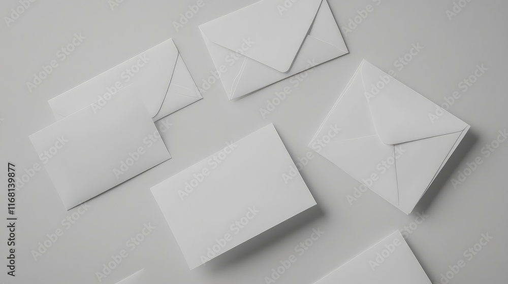 Poster clean flat lay of blank white envelopes and cards arranged diagonally on a soft gray background with
