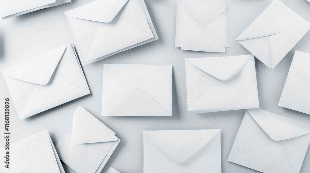 Poster clean flat lay of blank white envelopes and cards arranged diagonally on a soft gray background with