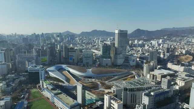 Aerial View of Seoul city in South Korea, Dongdaemun Design Plaza, DDP, Winter