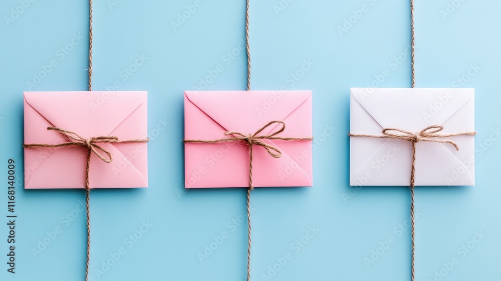 Poster clean minimalist arrangement of blank envelopes tied with decorative twine on a soft gradient backgr