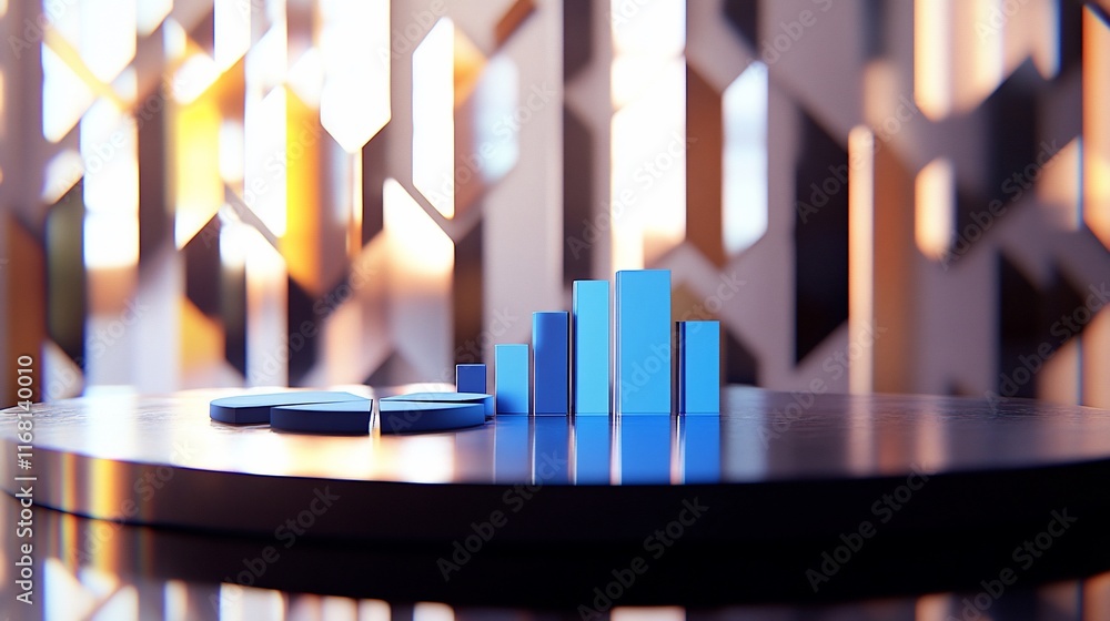 Poster 3d rendered blue bar graph and pie chart on a reflective surface showing growth and progress.