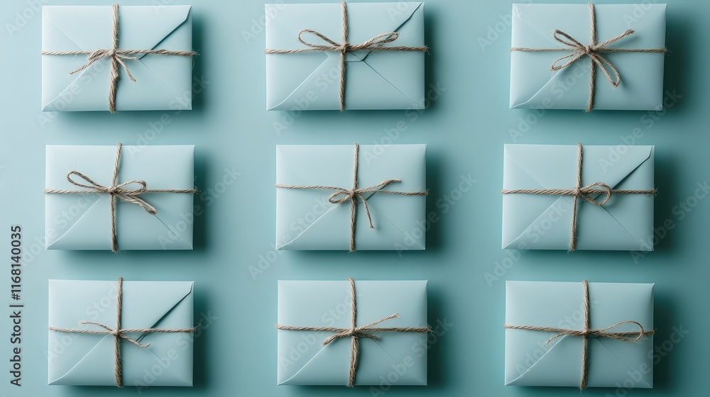 Poster clean minimalist arrangement of blank envelopes tied with decorative twine on a soft gradient backgr