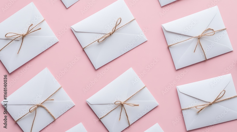 Poster clean minimalist arrangement of blank envelopes tied with decorative twine on a soft gradient backgr