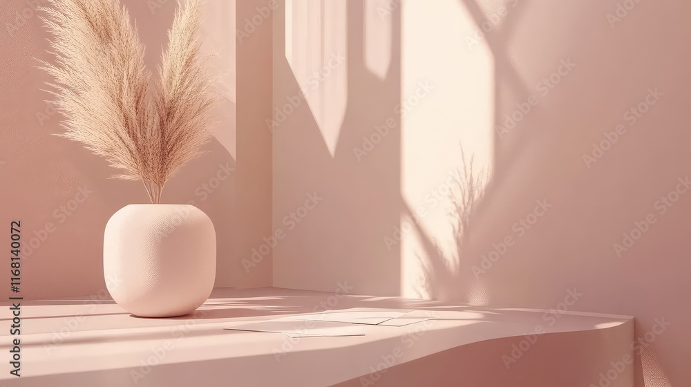 Poster clean minimalist display of a blank invitation card with an envelope on a soft pink background, high