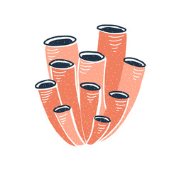 Sea tube sponges cluster. Underwater marine organism with cylindrical hollow structure. Exotic undersea fauna. Under water reef plant. Flat graphic vector illustration isolated on white background