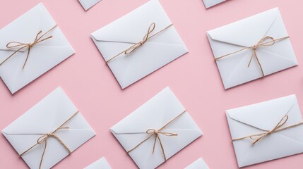 Clean minimalist arrangement of blank envelopes tied with decorative twine on a soft gradient background