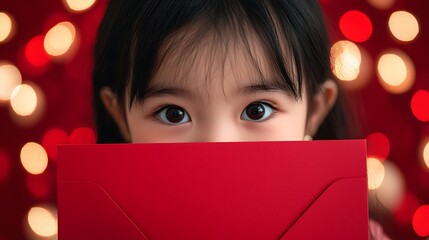 A young girl peeks over a red envelope, her expressive eyes sparkling against a backdrop of warm, festive lights.