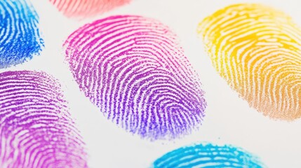 Close-up view of a colorful fingerprint pattern, symbolizing individuality and creativity, on a bright white background with negative space