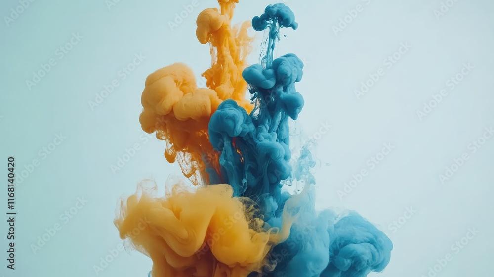 Poster colorful ink clouds colliding in water, forming bold abstract patterns against a bright white backgr