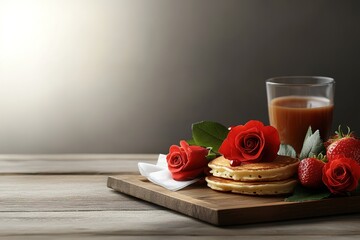 Romantic Breakfast Pancakes Roses Strawberries Juice