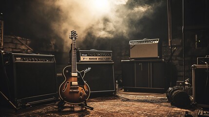 Electric guitar on stage with amps and smoke.