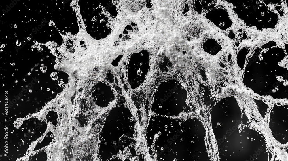 Poster dramatic splash of water droplets colliding dynamically, forming intricate patterns on a dark backgr