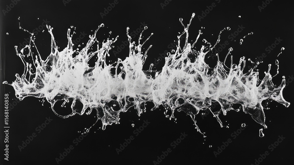 Poster dramatic splash of water droplets colliding dynamically, forming intricate patterns on a dark backgr