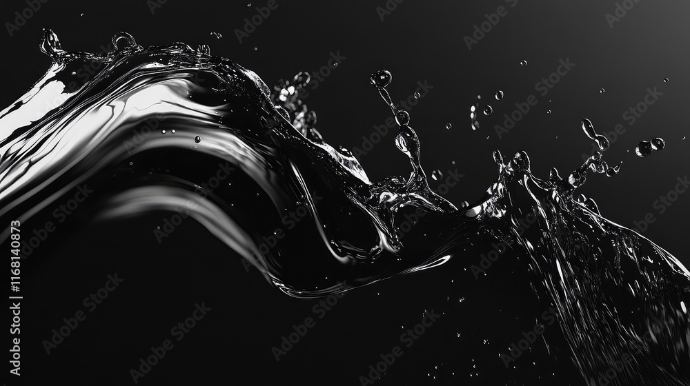 Poster dramatic splash of water droplets colliding dynamically, forming intricate patterns on a dark backgr