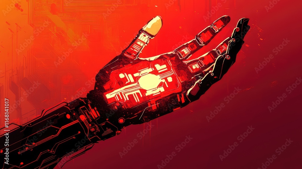 Poster dynamic ai robot hand with glowing circuits and high-tech textures against a smooth futuristic gradi