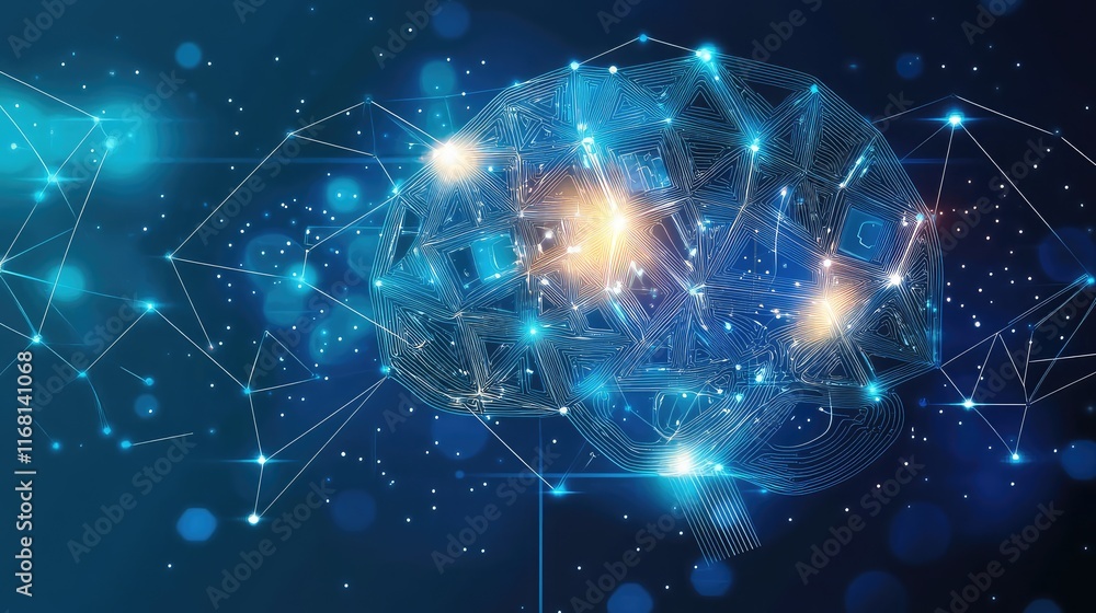 Poster dynamic futuristic ai circuits with glowing geometric designs and vibrant light trails in a clean mo