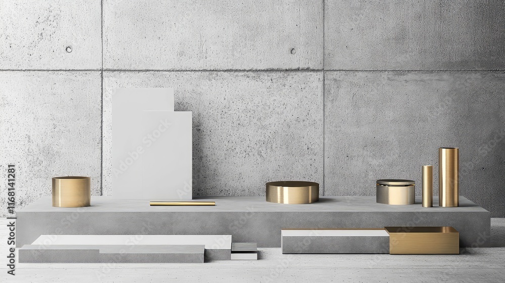 Poster elegant display of blank stationery on a soft gray surface with golden accents, creating a minimalis