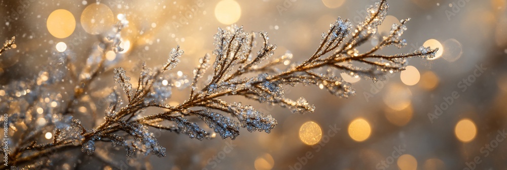 Poster close-up of an ice-covered branch against a bokeh background.