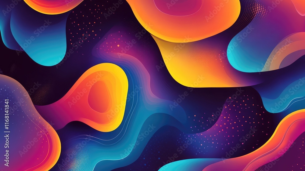 Poster futuristic ai-inspired design with glowing dots, soft flowing textures, and dynamic gradients in dar