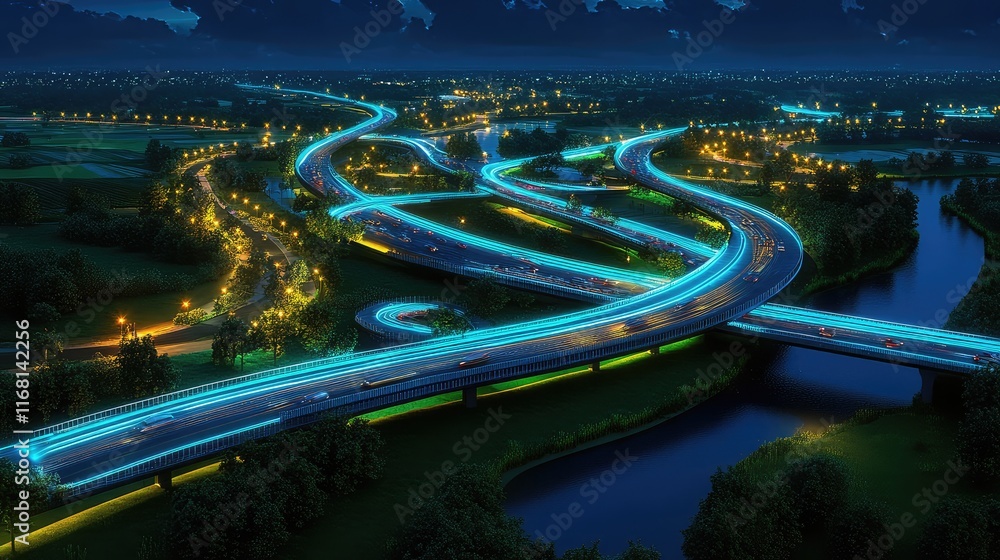 Poster glowing futuristic paths representing smart transport systems extending across a modern clean gradie