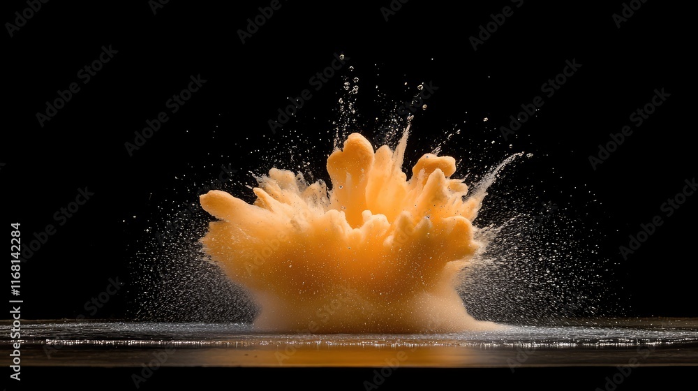 Poster high-speed capture of a water explosion, with droplets radiating outward against a dark background, 