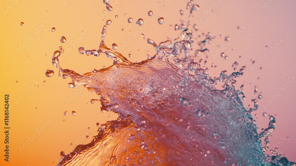 Poster high-speed capture of a water splash with light and shadow effects, creating an abstract design agai