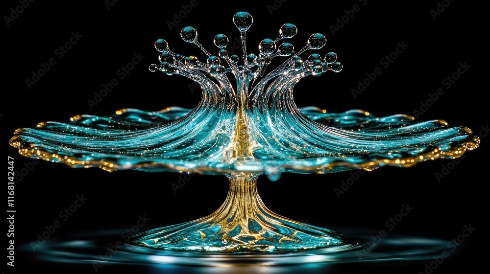 Poster high-speed capture of water droplets colliding in the air, creating a dynamic explosion of ripples o