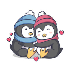 cute penguin couple hugging each other