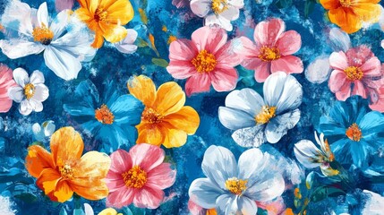 Endless, summer flowers pattern, made of acrylic, watercolor, handmade, from original canvas art. Grunge paint texture with brush stroke effect. 3d shadows. Vector.