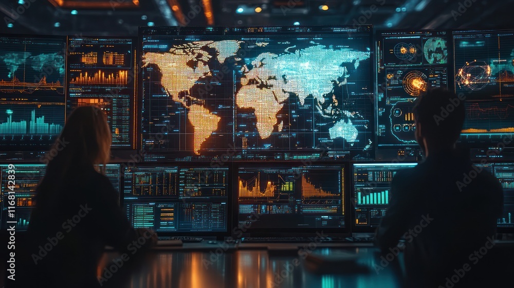 Poster two individuals analyzing data on large screens displaying world map