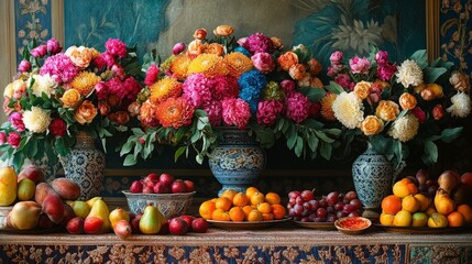 Fototapeta premium Persian new year celebration with vibrant flowers and fruits arranged on a decorative table