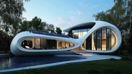 Obraz premium Futuristic white house with solar panels, pool, and trees.