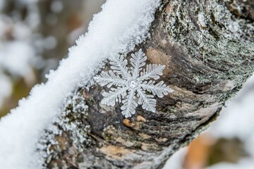 A delicate snowflake rests on a snow-covered tree branch in winter.