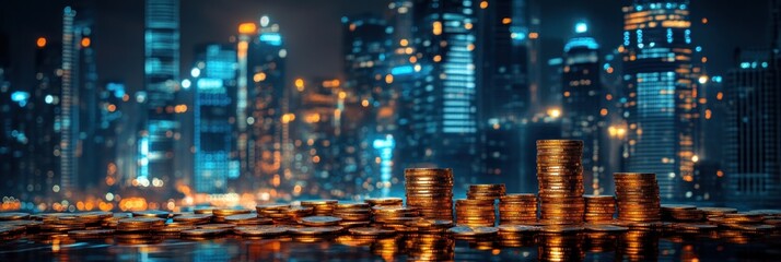 City skyline illuminated at night with stacks of coins in the foreground