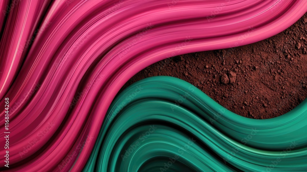 Poster grungy abstract background concept. abstract waves of pink and green paint on a textured brown surfa