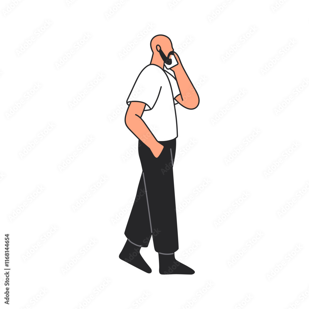 Poster man speaking on mobile phone. male character profile, walking and talking on smartphone, cellphone. 
