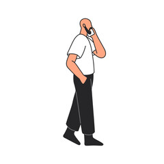 Man speaking on mobile phone. Male character profile, walking and talking on smartphone, cellphone. Person going, strolling on street during call. Flat vector illustration isolated on white background