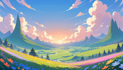 Serene Sunset Landscape: Vibrant Valley, Majestic Mountains, and Blooming Meadows
